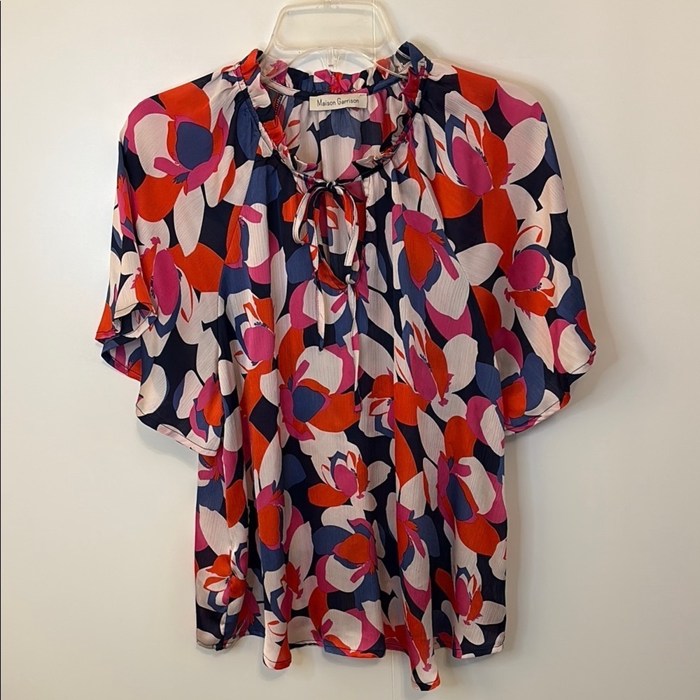 Red, Pink and Blue Blouse with Tie Front and Flutter Sleeves